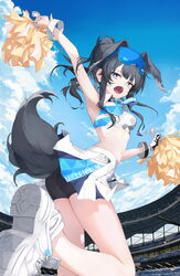  animal_ears arm_up armpits bad_id bad_twitter_id bare_legs black_hair black_shorts blue_archive blue_eyes bracelet breasts cheerleader crop_top day dog_ears dog_tail extra_ears female gloves goggles goggles_on_head hibiki_(blue_archive) hibiki_(cheer_squad)_(blue_archive) highres holding holding_pom_poms jewelry long_hair medium_breasts millennium_cheerleader_outfit_(blue_archive) miniskirt navel official_alternate_costume open_mouth outdoors pom_pom_(cheerleading) shoes shorts sidelocks single_glove skirt sky solo soya_(torga) stadium standing standing_on_one_leg tail white_skirt 