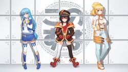  3girls alternate_costume alternate_hairstyle anarchojs aqua_(konosuba) arm_behind_back asymmetrical_legwear bandaged_leg bandages belt black_choker blonde_hair blue_eyes blue_footwear blue_hair blue_jacket blue_legwear blue_shorts blush boots braid breasts brown_hair brown_headwear brown_jacket buttons cat_ornament choker closed_mouth coat collarbone collared_shirt copyright_name darkness_(konosuba) full_body grey_background hair_ornament hand_up hands_in_pockets high_heels highres hood hood_down hoodie jacket knee_boots kono_subarashii_sekai_ni_shukufuku_wo! large_breasts layered_sleeves legs_apart long_hair long_sleeves medium_hair megumin mismatched_legwear multicolored_clothes multicolored_coat multicolored_jacket multiple_girls navel open_clothes open_coat open_jacket orange_coat orange_footwear orange_shirt orange_skirt pants pleated_skirt ponytail red_belt red_eyes red_footwear red_jacket red_shirt shirt shirt_tucked_in short_over_long_sleeves short_sleeves shorts single_bare_shoulder single_thighhigh skindentation skirt smile standing thighhighs two-tone_coat two-tone_skirt white_background white_coat white_footwear white_hoodie white_legwear white_pants x_hair_ornament zettai_ryouiki 