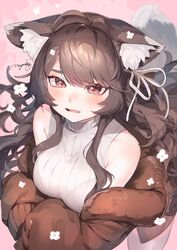  animal_ear_fluff animal_ears antenna_hair bare_shoulders blush breasts brown_eyes brown_hair coat commentary eyebrows_hidden_by_hair female fox_ears fox_girl fox_tail foxplushy hair_ribbon heart heart_in_eye highres indie_virtual_youtuber long_hair looking_at_viewer mayuri_kaichou oerba_yun_fang parted_lips petals ribbed_sweater ribbon signature sleeveless sleeveless_sweater solo sweater symbol_in_eye tail turtleneck virtual_youtuber wavy_mouth white_sweater 