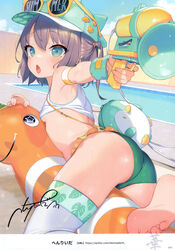  absurdres arm_strap ass back bag bare_shoulders barefoot baseball_cap bikini bikini_bottom_only blue_sky blush breasts clothes_lift crop_top day eyewear_on_headwear female green_bikini green_eyes grey_hair hat henreader highres inflatable_toy looking_at_viewer looking_back non-web_source one_side_up open_mouth original outdoors pool poolside shark shirt shirt_lift short_hair shoulder_bag single_thighhigh sky small_breasts soles solo sunglasses swimsuit thighhighs toes underboob water_gun wet white_shirt wristband 