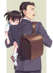  2boys backpack bag black-framed_eyewear black_eyes black_hair blue_shorts blue_vest blush brown_bag brown_hair carrying closed_eyes closed_mouth commentary_request edogawa_conan facial_hair formal from_behind glasses height_difference highres jacket k_(gear_labo) lolicon long_sleeves looking_to_the_side male_focus meitantei_conan mouri_kogoro moustache multiple_boys open_mouth pillarboxed purple_jacket purple_suit red_footwear school_bag shirt shoes short_hair short_sleeves shorts simple_background sleeping sneakers socks suit upper_body vest white_shirt white_socks zzz 