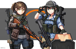  &gt;:) 2girls adjusting_clothes adjusting_headwear ammunition ammunition_pouch arm_up assault_rifle ballistic_shield baseball_cap beretta_px4 black_gloves blue_pants blue_shirt bolt_action brown_eyes brown_hair brown_jacket brown_pants buckle bulletproof_vest bullpup buttons character_request chest_rig closed_mouth collared_shirt commentary cowboy_shot dress_shirt english_commentary fingerless_gloves fn_fnx_45 gloves goggles goggles_around_neck green_eyes grenade_launcher grey_background grey_headwear grey_shirt gun gun_on_back hair_between_eyes hand_on_headwear handgun hat highres holding holding_gun holding_weapon holster holstered jacket kel-tec_ksg m4_carbine magazine_(weapon) mechanix_wear milkor_mgl mosin-nagant multiple_girls ndtwofives open_clothes open_jacket pants plaid plaid_shirt pocket ponytail pouch pump_action rifle shield shirt short_hair short_sleeves shotgun shotgun_shell sidelocks smile snap-fit_buckle tom_clancy&#039;s_the_division two-tone_background two-tone_headwear v-shaped_eyebrows weapon weapon_on_back white_background 