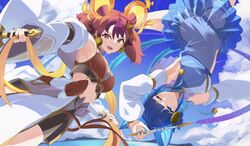  2girls animal_ears arm_up armpits bare_shoulders blue_eyes blue_hair blue_sky blush breasts cat_ears cleavage cloud crop_top detached_sleeves duel_monster ha-re_the_sword_mikanko heichi highres jewelry long_sleeves midriff multiple_girls navel ni-ni_the_mirror_mikanko one_eye_closed open_mouth outdoors red_eyes red_hair ribbon_baton short_hair sky stomach twintails yu-gi-oh! 