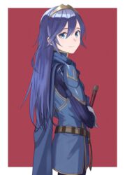  armor belt blue_cape blue_eyes blue_gloves blue_hair blue_sweater border brown_belt cape closed_mouth commentary_request falchion_(fire_emblem) female fire_emblem fire_emblem_awakening gloves highres long_hair long_sleeves looking_at_viewer lucina_(fire_emblem) outside_border red_background ribbed_sweater shimizu_tomoki shoulder_armor simple_background smile solo sweater sword tiara weapon white_border 