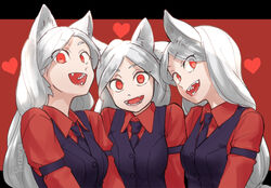  3girls :d animal_ears arm_garter armband black_vest cerberus_(helltaker) commentary demon_girl dog_ears dog_girl dress_shirt eyes_visible_through_hair heart helltaker horns long_hair long_sleeves looking_at_viewer low-tied_long_hair multiple_girls necktie open_mouth red_eyes red_shirt sharp_teeth shirt smile teeth triplets vest waistcoat white_hair white_horns yotsura 