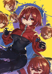  adapted_costume akatsuki_records bad_id bad_twitter_id black_bodysuit black_gloves blue_bow blue_cape bodysuit bow breasts cape cloak commentary creeper_(gametime) dark_red_hair female floating_head garter_straps gloves hair_between_eyes hairbow highres long_sleeves looking_at_viewer open_mouth red_cape red_cloak red_eyes red_hair rock_&#039;n&#039;_rock_&#039;n&#039;_beat sekibanki short_hair simple_background skin_tight solo touhou two-sided_cape two-sided_fabric two-tone_cape v-shaped_eyebrows yellow_background zipper 