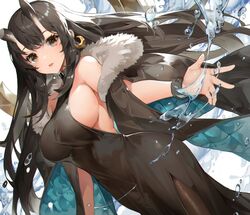  akizone alchemy_stars bare_shoulders black_dress black_hair black_horns black_thighhighs breasts broken_horn brown_eyes dress female horns large_breasts legs long_hair looking_at_viewer open_mouth sariel_(alchemy_stars) sideboob solo thighhighs thighs water 