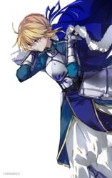  ahoge armor armored_dress artoria_pendragon_(fate) blonde_hair blue_cape blue_dress blue_ribbon braid braided_bun cape carimarica commentary_request dress dutch_angle fate/grand_order fate_(series) female from_side fur-trimmed_cape fur_trim gauntlets green_eyes hair_bun juliet_sleeves long_sleeves puffy_sleeves ribbon saber_(fate) short_hair solo white_background 