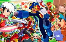  6+boys arm_cannon ass bandana battle_chip black_hair blue_eyes brown_eyes brown_hair capcom colorman.exe cover eugene_chaud_(mega_man) female glide.exe_(mega_man) green_eyes gutsman.exe helmet iceman.exe lan_hikari_(mega_man) mega_man_(series) mega_man_battle_network_(series) mega_man_battle_network_1 megaman.exe multicolored_hair multiple_boys netnavi numberman.exe official_art personal_terminal protoman.exe roll.exe_(mega_man) short_hair sword textless_version tight_clothes video_game_cover weapon white_hair woodman.exe 