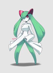  big_breasts biped breasts female generation_3_pokemon green_hair hair hi_res kirlia nintendo not_furry pokemon pokemon_(species) pokemorph red_eyes simple_background solo teaspoon 