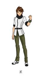  1boy apoloniodraws belt ben_10 ben_tennyson brown_hair full_body green_eyes highres looking_at_viewer male_focus omnitrix scarf shoes simple_background sleeves_rolled_up smile solo standing white_background 