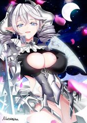  armor breasts cleavage demon_girl demon_horns demon_wings duel_monster female gauntlets grey_eyes hair_between_eyes highres holding holding_sword holding_weapon horns lady_labrynth_of_the_silver_castle large_breasts looking_at_viewer lovely_labrynth_of_the_silver_castle natsumikan pointy_ears solo sword twintails weapon white_hair wings yu-gi-oh! 