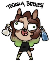  alcohol anthro beverage bottle buckteeth chibi clothed clothing colored container derp_eyes dialogue digital_media_(artwork) dress drunk english_text female fur fur_markings green_eyes green_hair hair highlights_(coloring) lagomorph leggings legwear leporid long_ears low_res mammal markings mtf_crossgender multicolored_body multicolored_fur open_mouth rabbit rule_63 sandry_vallheim saoirsedeer scut_tail shirt short_tail simple_background smile solo substance_intoxication tail teeth text tongue topwear trans_(lore) two_tone_body two_tone_fur undershirt wavy_hair white_background 