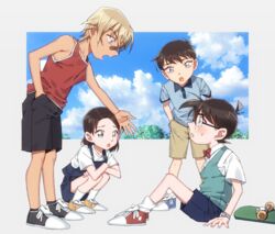  3boys aged_down amuro_tooru bandaid bandaid_on_face bandaid_on_nose black-framed_eyewear black_footwear black_shorts black_socks blonde_hair blue_eyes blue_footwear blue_overalls blue_shirt blue_shorts blue_sky blue_vest blush bow bowtie brown_hair brown_shorts cloud collared_shirt commentary_request crossed_arms day edogawa_conan eye_contact female full_body glasses hair_between_eyes hand_in_pocket k_(gear_labo) leaning_forward lolicon long_hair looking_at_another meitantei_conan miyano_akemi multiple_boys outdoors outstretched_arm overalls red_bow red_bowtie red_footwear red_shirt scotch_(meitantei_conan) shirt shoes short_hair shorts sitting skateboard sky sleeveless sleeveless_shirt sneakers socks squatting standing sweatdrop time_paradox vest watch white_shirt white_socks wristwatch yellow_footwear 