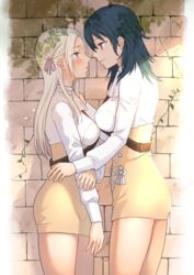  2girls belt blue_eyes blue_hair blush breasts brick_wall brown_skirt byleth_(female)_(fire_emblem) byleth_(fire_emblem) closed_mouth commentary_request cowboy_shot edelgard_von_hresvelg eye_contact fire_emblem fire_emblem:_three_houses fukuroumori garreg_mach_monastery_uniform hair_ribbon high-waist_skirt highres long_sleeves looking_at_another medium_breasts multiple_girls outdoors purple_eyes purple_ribbon ribbon school_uniform shirt sidelocks skirt smile thighs white_hair white_shirt yuri 