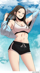  absurdres arm_up artist_name beautiful_gunbari black_shorts breasts brown_hair character_request cleavage day female gwanak highres jung_su-a long_hair making-of_available medium_breasts midriff navel outdoors short_shorts shorts solo sports_bra standing sweat white_sports_bra 