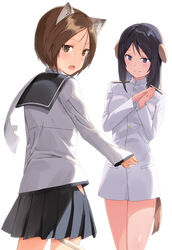  2girls absurdres animal_ears bad_id bad_pixiv_id black_eyes black_hair blue_sailor_collar blush brown_eyes brown_hair cat_ears cat_girl cat_tail commentary dog_ears dog_girl dog_tail highres long_hair looking_at_viewer medium_hair mejina multiple_girls nishizawa_yoshiko open_mouth sailor_collar scarf school_uniform serafuku shirt sleeves_past_wrists tail white_background white_scarf white_shirt world_witches_series yokokawa_kazumi 