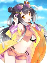  :d absurdres bare_shoulders bikini bikini_under_clothes black_bikini black_hair blunt_bangs blush breasts center_opening cloud crop_top day dolphin_shorts double_bun eyewear_on_head female gradient_hair grey_hair hair_bun hair_ornament hairclip highleg highleg_bikini highres jacket long_hair looking_at_viewer medium_breasts multicolored_hair navel nijisanji open_clothes open_jacket open_mouth orange_shorts orange_vest short_shorts shorts side-tie_bikini_bottom sky smile solo streaked_hair sunglasses swimsuit teeth two_side_up umise_yotsuha unyon_bbunco upper_teeth_only very_long_hair vest virtual_youtuber yellow_eyes yellow_jacket yellow_nails zipper zipper_pull_tab 