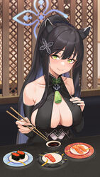  animal_ears bare_shoulders black_dress black_hair blue_archive blue_hair blue_halo breasts bridal_gauntlets chopsticks closed_mouth collarbone colored_inner_hair dress female food green_eyes hair_ornament halo highres holding holding_chopsticks jamgom large_breasts long_hair looking_at_viewer multicolored_hair plate ponytail shun_(blue_archive) sitting solo sushi two-tone_hair underboob 