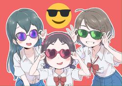  ahoge bad_id bad_twitter_id blue_hair brown_hair emoji eyebrows glasses hair_ornament hairband idolmaster idolmaster_cinderella_girls multiple_girls muramatsu_sakura new_wave_(idolmaster) ohishi_izumi ribbon school_uniform smile smug sunglasses tamachan_(gam_baru_ger) tsuchiya_ako 