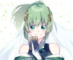  anna_mel armpit_crease bare_shoulders black_shirt blunt_bangs card close-up colored_eyelashes commentary_request eyelashes female gloves green_eyes green_hair green_theme grin hair_ornament hand_up high_collar high_ponytail holding holding_card light_blush looking_at_viewer magia_record:_mahou_shoujo_madoka_magica_gaiden magical_girl mahou_shoujo_madoka_magica mizuki_(flowerlanguage) off_shoulder shiny_skin shirt shoulder_blush simple_background sleeveless sleeveless_shirt smile solo soul_gem star_(symbol) star_in_eye starry_background symbol_in_eye tareme tarot tarot_(card) teeth upper_body veil white_background white_gloves 