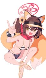  absurdres animal_ear_fluff animal_ears bikini blue_archive blush breasts brown_hair cleavage denim denim_shorts female flower fox_ears fox_girl fox_shadow_puppet fox_tail hair_between_eyes hair_flower hair_ornament halo highleg highleg_bikini highres izuna_(blue_archive) izuna_(swimsuit)_(blue_archive) looking_at_viewer mabera medium_breasts micro_shorts oerba_yun_fang open_mouth orange_footwear pink_halo pom_pom_(clothes) pom_pom_hair_ornament red_scarf sandals scarf short_shorts shorts simple_background sitting solo swimsuit tail visor_cap white_background yellow_eyes 