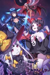  4girls abigail_williams_(fate) abigail_williams_(third_ascension)_(fate) bare_shoulders bat_wings bb_(fate) bb_(swimsuit_mooncancer)_(fate) bb_(swimsuit_mooncancer)_(third_ascension)_(fate) black_bow black_coat black_dress black_gloves black_headwear black_legwear black_panties blue_eyes blunt_bangs blush bow breasts calligraphy_brush center_opening coat collarbone colored_skin dress eclipse elbow_gloves fate/grand_order fate_(series) fish forehead gloves gradient_background grin hair_ornament hair_ribbon hairpin halo hands_on_own_chest hat highleg highleg_leotard highres katsushika_hokusai_(fate) katsushika_hokusai_(third_ascension)_(fate) keyhole large_breasts leotard long_hair looking_at_viewer multiple_bows multiple_girls multiple_hat_bows navel neck_ribbon orange_bow paintbrush panties parted_bangs pink_eyes popped_collar purple_background purple_eyes purple_hair red_ribbon ribbon ryofuhiko sharp_teeth skull_print small_breasts smile star_(symbol) star_print tan teeth thighhighs thighs third_eye underwear vampire_costume very_long_hair white_gloves white_hair white_leotard white_skin wings witch_hat yang_guifei_(fate) yang_guifei_(third_ascension)_(fate) 