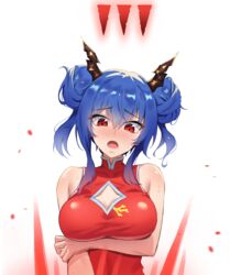  arknights bare_arms bare_shoulders blue_hair blush breast_hold breasts ch&#039;en_(ageless_afterglow)_(arknights) ch&#039;en_(arknights) china_dress chinese_clothes cleavage cleavage_cutout clothing_cutout commentary_request double_bun dragon_horns dress female gameplay_mechanics hair_between_eyes hair_bun highres holiday_(pangjelly) horns large_breasts long_hair looking_at_viewer nose_blush official_alternate_costume open_mouth red_dress red_eyes revision sidelocks simple_background sleeveless sleeveless_dress solo sweat twintails upper_body white_background 