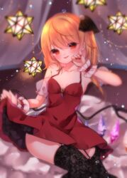  :p alternate_costume arm_up bare_arms black_thighhighs blonde_hair blurry blurry_background breasts brooch cacao_(cacaomgmg) cleavage clothes_lift collarbone commentary_request cowboy_shot curtains depth_of_field detached_sleeves dress dress_lift female fingernails flandre_scarlet garter_straps hair_between_eyes hair_ribbon hanging_light head_tilt highres jewelry lace lace_legwear lifting_own_clothes looking_at_viewer nail_polish no_headwear one_side_up petticoat puffy_short_sleeves puffy_sleeves red_dress red_eyes red_nails ribbon see-through see-through_sleeves short_sleeves sitting small_breasts small_stellated_dodecahedron soft_focus solo thighhighs tongue tongue_out touhou wings wrist_cuffs 