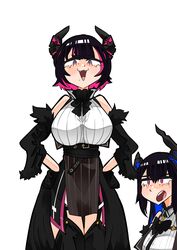  2girls absurdres aradia_ravencroft asymmetrical_horns black_hair blue_hair breasts colored_inner_hair demon_horns fangs gloves highres hololive hololive_english horns koizumi_arata large_breasts long_hair looking_at_viewer mole mole_under_eye mole_under_mouth multicolored_hair multiple_girls nerissa_ravencroft open_mouth pink_eyes pink_hair red_eyes short_hair siblings sisters thigh_gap two-tone_hair uneven_horns virtual_youtuber white_background 