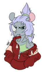  accessory anthro blue_eyes clothed clothing femboy freckles hair hair_accessory hoodie horn makeup male mammal nikolai_zaccarin novacantnames purple_hair resting_bitch_face rhinoceros solo topwear 