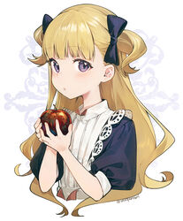  apple blonde_hair blue_bow blue_dress blue_eyes blush bow dress emilico_(shadows_house) female food fruit hairbow holding holding_food holding_fruit living_doll_uniform long_hair looking_at_viewer nagu parted_lips puffy_short_sleeves puffy_sleeves red_apple shadows_house short_sleeves solo twitter_username upper_body white_background 