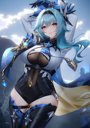  absurdres arms_up black_gloves black_hairband black_leotard black_thighhighs blue_cape blue_hair blue_necktie blue_sky blush breasts cape covered_navel eula_(genshin_impact) female genshin_impact gloves hair_ornament hairband highres large_breasts leotard long_sleeves looking_at_viewer medium_hair necktie purple_eyes sidelocks sky smile solo thick_thighs thighhighs thighs wu_ganlan_cai 