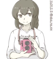  akara_kai braid brown_eyes brown_hair camera closed_mouth dated english_text female isonami_(autumn_mode)_(kancolle) isonami_(kancolle) kamen_rider kamen_rider_dcd kantai_collection long_hair looking_at_viewer one-hour_drawing_challenge shirt simple_background solo t-shirt twitter_username upper_body white_background white_shirt 