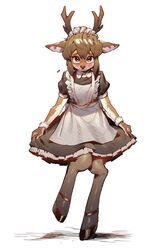  absurd_res alternative_fashion anthro antlers apron blush brown_body brown_eyes brown_fur brown_hair clothed clothing crossdressing deer femboy footwear fur goatdraw hair hi_res hooves horn j-fashion lolita_(fashion) maid_headdress maid_uniform male mammal mary_janes multicolored_body multicolored_fur nervous shoes simple_background smile solo two_tone_body two_tone_fur uniform white_background white_body white_fur wristband 