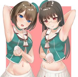  2girls arm_up armpit_onigiri armpits beret black_hair blue_eyes blush breasts brown_hair choker choukai_(kancolle) choukai_kai_ni_(kancolle) cleavage crop_top food glasses hair_ornament hat highres kantai_collection long_hair looking_at_viewer maya_(kancolle) maya_kai_ni_(kancolle) medium_breasts midriff mini_hat miniskirt multiple_girls onigiri pleated_skirt red_eyes rice rice_on_armpit sakieko short_hair simple_background skirt sweat two-tone_background white_skirt x_hair_ornament 