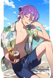  1boy alternate_costume azit_(down) beach blue_hair coconut_cup drinking_straw highres kamishiro_rui male_focus male_swimwear multicolored_hair muscular muscular_male ocean open_clothes open_mouth open_shirt outdoors print_shirt project_sekai purple_hair shirt short_hair short_sleeves solo_focus swim_trunks two-tone_hair yellow_eyes 