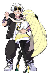  1boy arm_tattoo bad_id bad_twitter_id black_hair black_jacket black_pants blonde_hair commentary_request dancing dede_(qwea_00000) dress eyewear_on_head female green_eyes grin guzma_(pokemon) high_heels highres holding_hands hood hooded_jacket jacket jewelry korean_commentary leggings long_hair lusamine_(pokemon) multicolored_hair necklace pants pokemon pokemon_sm shirt shoes short_dress short_sleeves sleeveless sleeveless_dress smile standing sunglasses tattoo team_skull teeth two-tone_hair undercut white_dress white_footwear white_hair white_legwear white_shirt yellow-framed_eyewear zipper zipper_pull_tab 