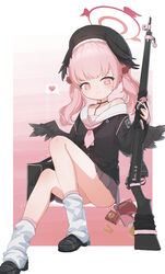  absurdres akizuki_kawakaze ass bag black_choker black_footwear black_serafuku black_wings blue_archive bolt_action book bullet choker commentary_request cover cover_page doujin_cover feathered_wings female full_body gun hair_between_eyes halo head_wings heart highres holding holding_gun holding_weapon knee_to_chest kneehighs knees_up koharu_(blue_archive) long_hair long_sleeves looking_at_viewer loose_socks manga_(object) p14_enfield pink_eyes pink_hair pink_skirt pleated_skirt rifle school_bag school_uniform serafuku shoes sidelocks simple_background sitting skirt socks solo spoken_heart twintails weapon white_socks wings 