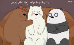  2016 anthro bear black_body black_nose blush brown_bear brown_body cartoon_network dialogue english_text furniture giant_panda grizzly_(we_bare_bears) grizzly_bear hug ice_bear_(we_bare_bears) kemono mammal mtflying30371 panda_(we_bare_bears) polar_bear sitting sofa text ursine we_bare_bears white_body 