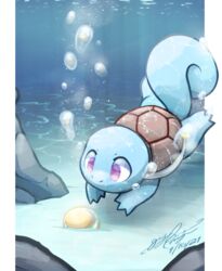  2021 ambiguous_gender blue_body bubble caustics curious feral generation_1_pokemon gingy_k_fox nintendo pillarbox pokemon pokemon_(species) purple_eyes semi-anthro shaded shell solo squirtle swimming treasure turtle_shell underwater water 