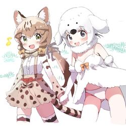  2girls animal_ears animal_print bare_shoulders bikini black_hair bow bowtie brown_hair cat_ears cat_girl cat_print cat_tail elbow_gloves fins fur_collar fur_trim geoffroy&#039;s_cat_(kemono_friends) gloves green_eyes grey_eyes hair_between_eyes harp_seal_(kemono_friends) head_fins high-waist_skirt highres ieinu_account kemono_friends kemono_friends_3 light_brown_hair long_sleeves looking_at_viewer multicolored_hair multiple_girls musical_note oerba_yun_fang open_mouth print_bow print_bowtie print_skirt print_sleeves print_thighhighs shirt short_hair sidelocks skirt smile spaghetti_strap suspender_skirt suspenders swimsuit tail thighhighs twintails two-tone_hair white_bikini white_fur white_gloves white_hair white_shirt zettai_ryouiki 