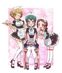  ahoge apron blue_hair brown_hair cake food garter_straps glasses hairband high_heels highres idolmaster idolmaster_cinderella_girls maid maid_apron maid_headdress multiple_girls muramatsu_sakura new_wave_(idolmaster) ohishi_izumi short_twintails tamachan_(gam_baru_ger) tsuchiya_ako twintails 