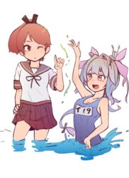  2girls blue_hair blue_one-piece_swimsuit blush breasts brown_eyes brown_hair character_name cleavage hair_ribbon hand_on_own_hip headgear i-19_(kancolle) kantai_collection long_hair medium_breasts multicolored_hair multiple_girls name_tag one-piece_swimsuit open_mouth pink_eyes pink_hair pink_ribbon pleated_skirt ponytail ribbon sailor_collar school_swimsuit school_uniform serafuku shikinami_(kancolle) short_sleeves simple_background skirt splashing swimsuit tomamatto tri_tails wading water white_background 