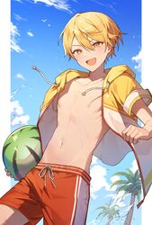  1boy azit_(down) ball beachball blonde_hair blue_sky highres hood hooded_jacket hoodie jacket male_focus male_swimwear navel open_mouth outdoors project_sekai short_hair sky solo stomach swim_trunks tenma_tsukasa tongue watermelon_beachball yellow_eyes yellow_jacket 