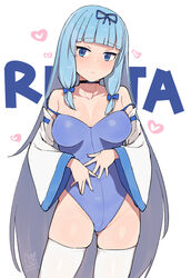  artist_name ass_visible_through_thighs bare_shoulders black_choker blue_eyes blue_hair blue_leotard blue_ribbon blunt_bangs blush breasts breasts_apart character_name choker cleavage collarbone commentary_request cowboy_shot dated detached_sleeves embarrassed female gradient_hair hands_on_own_stomach head_tilt heart highres large_breasts legs_apart leotard long_hair long_sleeves looking_at_viewer multicolored_hair nose_blush rabi-ribi raised_eyebrows ribbon rita_(rabi-ribi) rkrk sidelocks signature simple_background solo standing strap_slip thighhighs thighs twitter_username very_long_hair white_background white_thighhighs wide_sleeves 