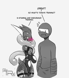  anthro blush clothing dialogue duo english_text female fishnet_clothing generation_6_pokemon greninja human male mammal monochrome ninja nintendo pokemon pokemon_(species) teaspoon text warrior wide_hips 