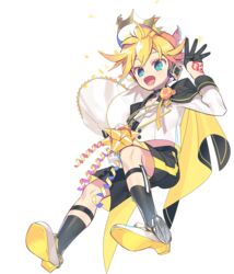  1boy aqua_eyes badge bass_clef black_cape black_gloves black_shorts black_socks blonde_hair bouquet cape crown finger_counting floral_bow flower full_body gloves half_gloves hand_tattoo hand_up headphones highres holding holding_bouquet kagamine_len kagamine_rin/len_happy_14th_birthday looking_at_viewer male_focus negi_(ulog&#039;be) official_alternate_costume official_art pendant_choker shirt shorts smile socks solo speaker spiked_hair tattoo transparent_background two-sided_shorts vocaloid white_shirt yellow_cape yellow_flower 