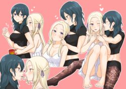  2girls ;d ^^^ arms_around_neck bare_legs barefoot black_shirt blonde_hair blue_eyes blue_hair blush braid breasts brown_pantyhose byleth_(female)_(fire_emblem) byleth_(fire_emblem) cleavage cleavage_cutout closed_eyes clothing_cutout coffee_mug collarbone commentary_request cup dark_blue_hair dress edelgard_von_hresvelg eye_contact face-to-face finger_to_another&#039;s_cheek fire_emblem fire_emblem:_three_houses food forehead fukuroumori full_body hair_ribbon heart height_difference highres holding holding_cup holding_hands hug hug_from_behind interlocked_fingers knees_up looking_at_another medium_breasts mouth_hold mug multiple_girls multiple_views one_eye_closed open_mouth outline panties pantyhose pantyshot patterned_legwear pink_background pocky pocky_kiss profile purple_eyes purple_ribbon ribbon shirt short_sleeves sidelocks simple_background sitting sleeveless sleeveless_dress smile sundress underwear upskirt white_dress white_outline white_panties yuri 