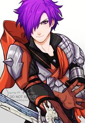  1boy armor cape fire_emblem fire_emblem:_three_houses fire_emblem_warriors:_three_hopes gloves hair_over_one_eye highres holding long_sleeves looking_at_viewer male_focus medium_hair purple_eyes purple_hair shez_(fire_emblem) shez_(male)_(fire_emblem) short_hair sierra117renner simple_background solo sword weapon 